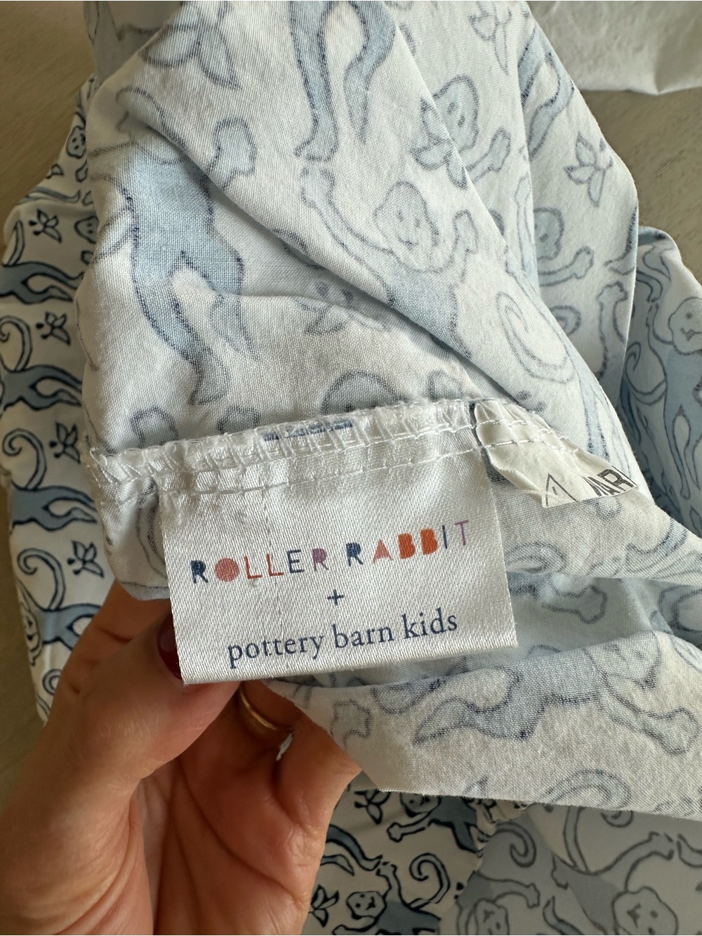 Pottery Barn Kids X Roller Rabbit Blue and White Monkey Fitted Crib Sheet - Picture 4 of 5